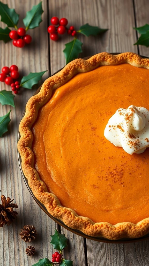 Southern Sweet Potato Pie Recipe A golden-brown sweet potato pie topped with whipped cream and cinnamon, set on a wooden table with holiday decorations.